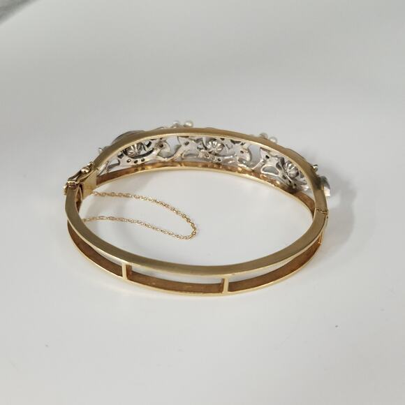 Vintage 14k Two Tone Gold Diamond Pearls Bangle Bracelet - Picture 8 of 14